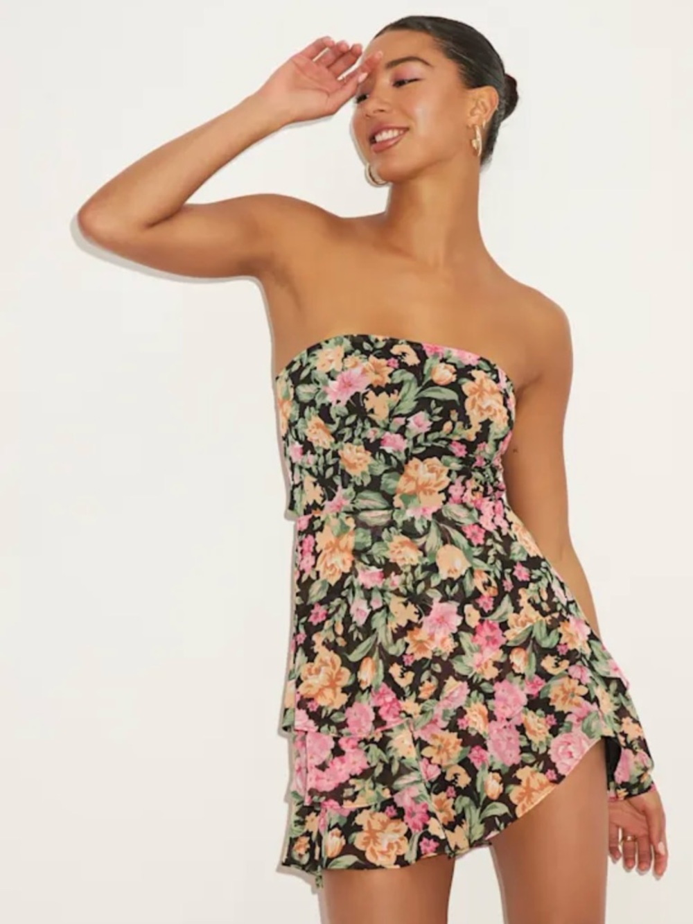 Lulu's Black Floral Tiered Dress with Pink & Yellow Blooms - Picture 6 of 9